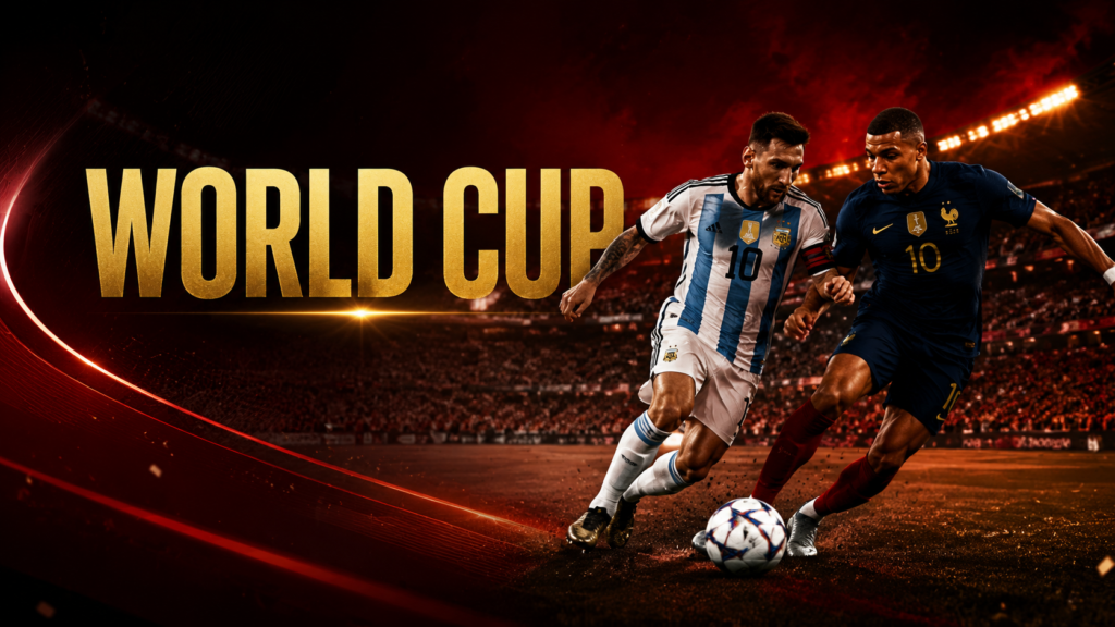 "World Cup football stadium with cheering fans and vibrant lights"